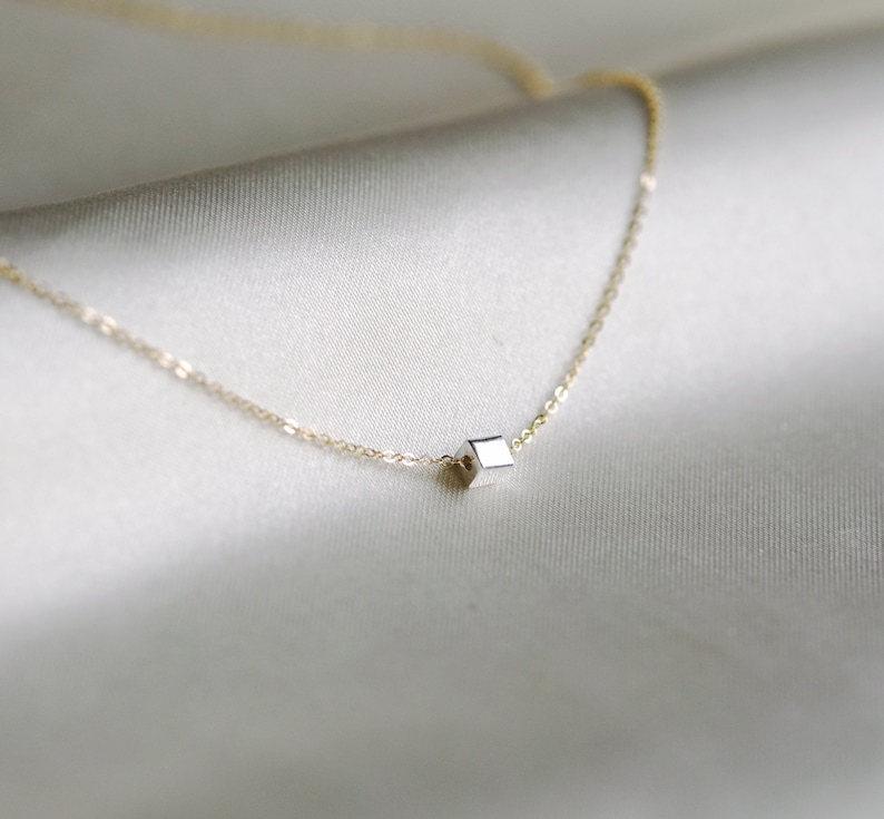 Silver Cube Bead Necklace Dainty Everyday Necklace Layering Minimalist Jewelry Womens Jewelry Gift Silver or Gold Chain image 7