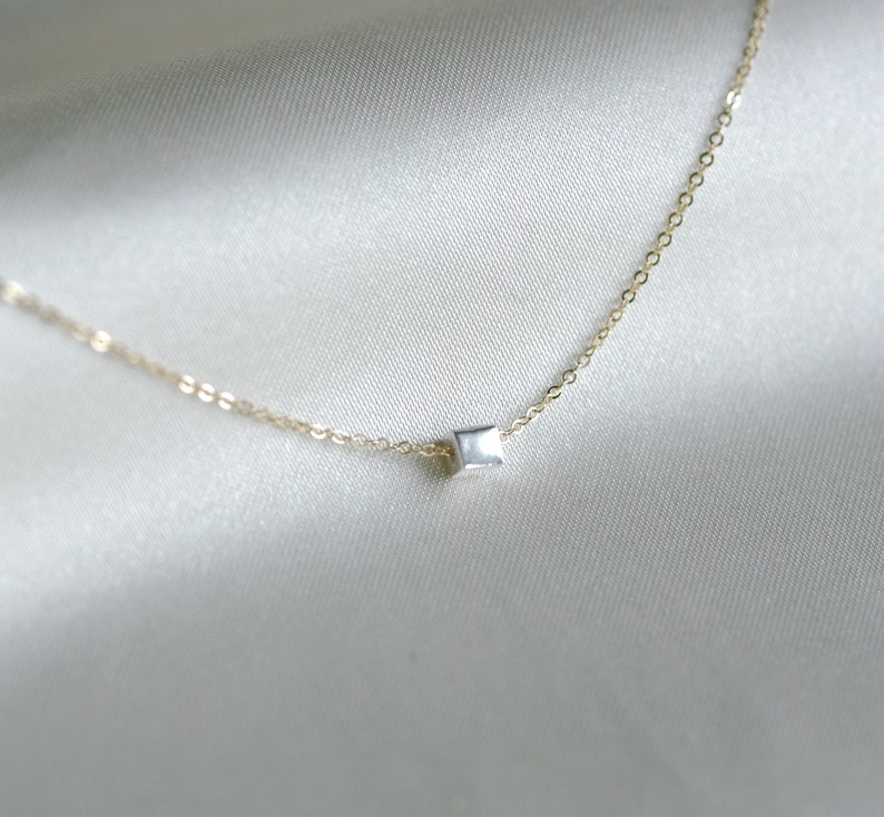 Silver Cube Bead Necklace Dainty Everyday Necklace Layering Minimalist Jewelry Womens Jewelry Gift Silver or Gold Chain image 2