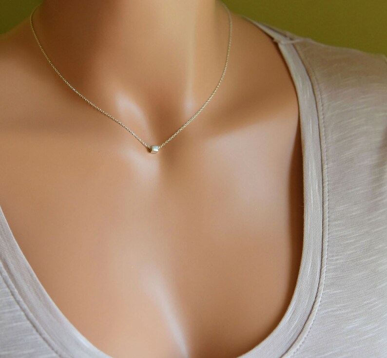 Silver Cube Bead Necklace Dainty Everyday Necklace Layering Minimalist Jewelry Womens Jewelry Gift Silver or Gold Chain image 6