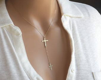 クロスラリアットスタイルネックレス、信仰のジュエリー、ロングゴールドYクロスネックレス、堅信礼ギフト、スターリングシルバー、14Kゴールドフィルド