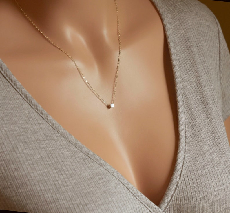 Silver Cube Bead Necklace Dainty Everyday Necklace Layering Minimalist Jewelry Womens Jewelry Gift Silver or Gold Chain image 5