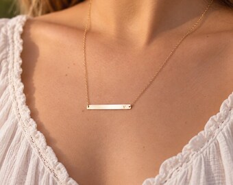 Personalized Horizontal Bar Necklace, Minimalist Name Bar, Hand Stamped Jewelry in 14k Gold Fill, Sterling Silver, Rose Gold