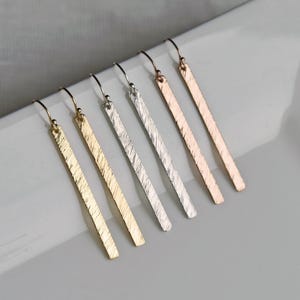 Long Hammered Bar Earrings, Minimalist Dangles, Nature Inspired, Unique, Modern Long Drop Earrings, Gold, Silver, Rose