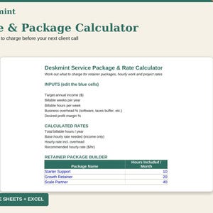 Op de afbeelding: Een digitale Deskmint tarief- en pakketcalculator-sjabloon voor Google Sheets en Excel. Het document bevat secties voor het invoeren van jaarinkomen, factureerbare uren, overheadkosten en winstmarges om uurtarieven en pakketten te bepalen.