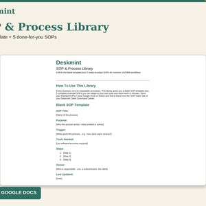 Puede incluir: Un documento digital titulado Deskment SOP & Process Library que incluye una plantilla en blanco y cinco procedimientos operativos estándar preescritos. El documento contiene secciones para el título, propósito, disparador, herramientas, pasos, responsable y fecha de actualización.
