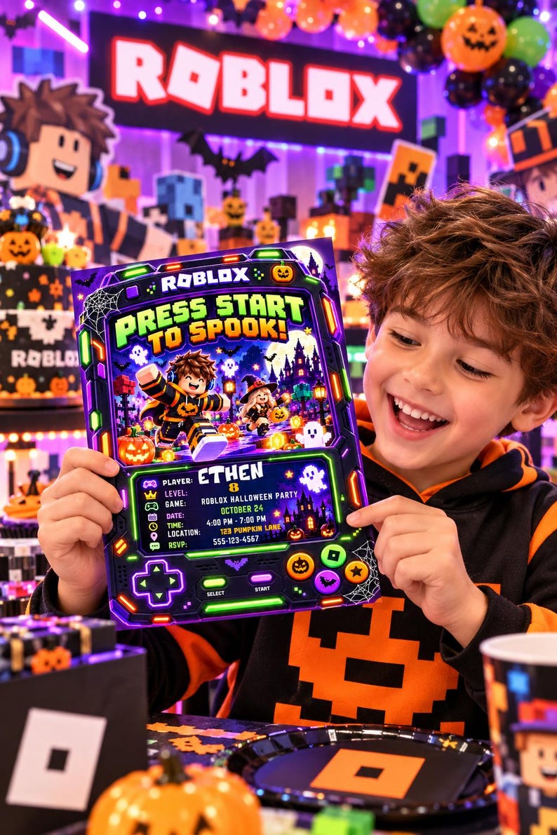 Roblox Halloween Birthday Invitation, Spooky Gamer Party Invite, Boys ...