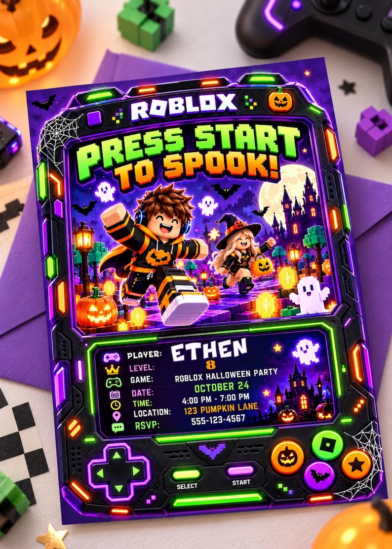 Roblox Halloween Birthday Invitation, Spooky Gamer Party Invite, Boys ...