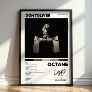 Op de afbeelding: Een ingelijste muziekposter voor het album Octane van Don Toliver, gedateerd 30 januari 2026. De poster bevat een zwart-witafbeelding van een persoon op een console, een tracklist van 18 nummers, een handtekening en een kleurenpaletbalk.
