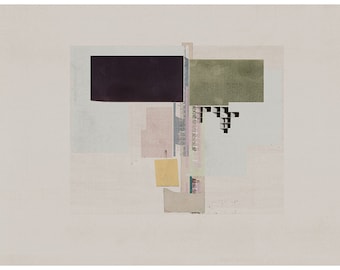 Puede incluir: Impresión de arte abstracto con formas geométricas en tonos de verde, negro, rosa y amarillo sobre un fondo blanco.