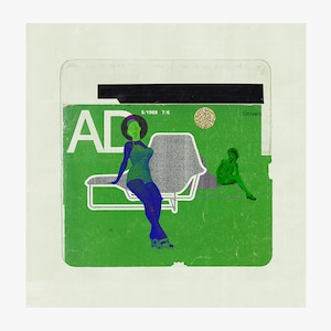 May include: A green and black cassette tape with the text "AD" and "Univers" on it. The tape has a picture of a woman in a blue and green dress sitting on a chair. The date "5/1969 7/6" is printed on the tape.