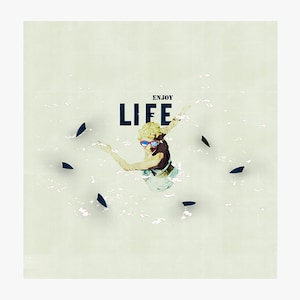 May include: A woman wearing sunglasses and a white shirt is floating in the air with the word "LIFE" in large black letters above her. The background is a light green color with small black shapes scattered around the woman.