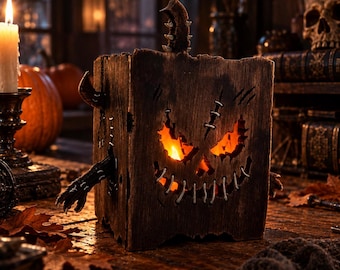 May include: A square, dark brown wooden box lantern with a carved, stitched-mouth face that glows from within. The box features a jagged top stem, protruding claw-like appendages on the sides, and a weathered, textured wood grain finish.