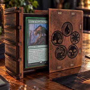 Può includere: Una scatola portacarte in legno marrone scuro con un pannello laterale incernierato. Il pannello frontale presenta cinque incisioni circolari che rappresentano i simboli del mana. All'interno è visibile una carta verde di Magic: The Gathering intitolata Férox de Fléaudhache.