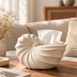 May include: A cream-coloured tissue box cover shaped like a nautilus shell with a textured, speckled surface. The object features a spiral design with deep ridges and a central opening at the top where a single white tissue is pulled upwards.