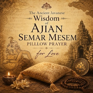 Puede incluir: Un cojín decorativo cuadrado con borlas doradas, que presenta el texto The Ancient Javanese Wisdom of AJIAN SEMAR MESEM PILLOW PRAYER for Love, acompañado de una vela, flores blancas, un emblema de loto y cuentas de oración sobre un fondo texturizado.