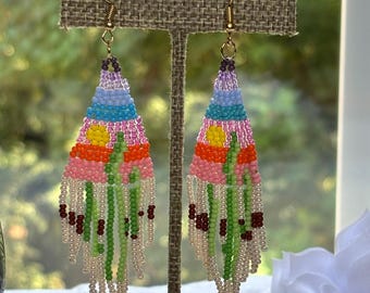 Vintage Native American Style Beaded Fringe Earrings, Desert Saguaro Cactus Sunset Landscape