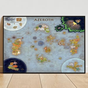 May include: A rectangular wall map titled AZEROTH in a black frame. The map displays various continents and islands including Kalimdor, Northrend, and Eastern Kingdoms, with circular insets for The Shadowlands, Outland, and Draenor.