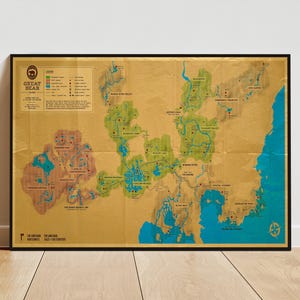 Puede incluir: Un mapa mural rectangular de Great Bear Island con fondo color canela, que presenta regiones de terreno verdes y marrones, cuerpos de agua azules y etiquetas de texto negras para lugares como Mystery Lake, enmarcado en un borde negro fino.