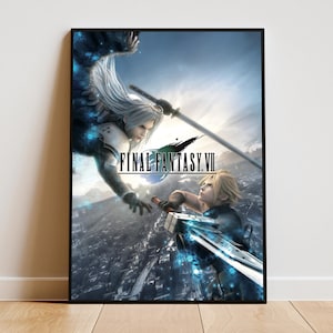 May include: A framed poster featuring the Final Fantasy VII logo centered over a digital illustration of two characters in combat. One character with long silver hair and a dark wing faces a blonde character wielding a large sword above a city.