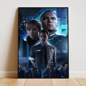 May include: A vertical rectangular poster featuring a digital illustration of three central characters from Detroit: Become Human, with the text RK800 visible on the jacket of the foreground figure, set against a blue-toned, geometric city background.