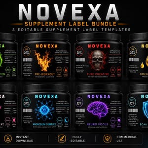 Editable Supplement Label Templates: Nutraceutical Bottle Stickers (8 Templates)