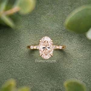 1.5 CT Solitaire Engagement Ring | Oval Moissanite Diamond Ring | 14k Gold Distance Pave Set Ring | Hidden Halo Ring |  Anniversary Gift