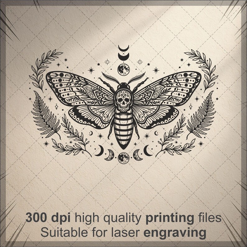 Death Goth Design Death Head Moth Tattoo Stencil SVG - Moon Phases Gothic Print File ...