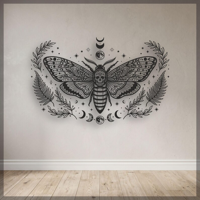 Death Goth Design Death Head Moth Tattoo Stencil SVG - Moon Phases Gothic Print File ...