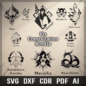 Puede incluir: Una colección digital de 10 iconos gráficos negros que representan constelaciones de personajes, etiquetados con nombres como Xiao, Hu Tao, Zhongli, Wanderer, Arlecchino, Furina, Raiden Shogun, Kaedehara Kazuha, Mavuika y Neuvillette, con el texto 10x Constellation Bundle.