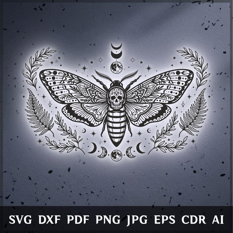 Death Goth Design Death Head Moth Tattoo Stencil SVG - Moon Phases Gothic Print File ...