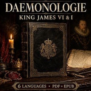 May include: A dark, leather-bound book titled DAEMONOLOGIE by KING JAMES VI & I, featuring a gold embossed royal crest on the cover. The book is presented alongside a lit candle, a wax seal, and an open manuscript, with text indicating 6 LANGUAGES • PDF + EPUB.