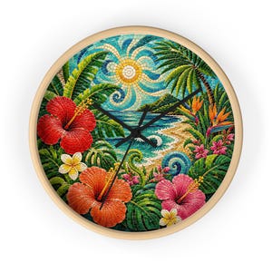 May include: A round wall clock with a light wood frame featuring a mosaic-style tropical beach scene. The image displays vibrant red, orange, and pink hibiscus flowers, green palm leaves, a blue ocean, a sandy shore, and a yellow sun.