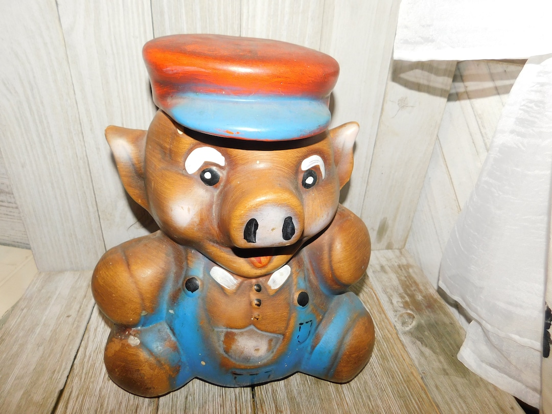 Happy Farmer Pig Pig Cookie Jar Pig W Overalls Vintage Cookie Jar Pig ...