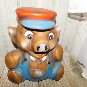 Happy Farmer Pig  Pig Cookie Jar Pig w Overalls Vintage Cookie Jar Pig Memories Gift Prop  Daysgonebytreasures **