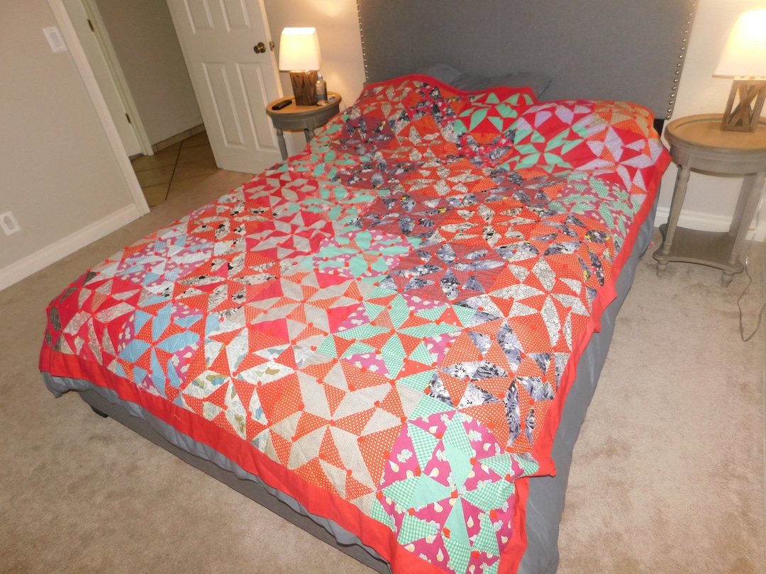 Vtg Patchwork Pinwheel Quilt 80 X 94 Vtg Bedding, Bedroom Decor