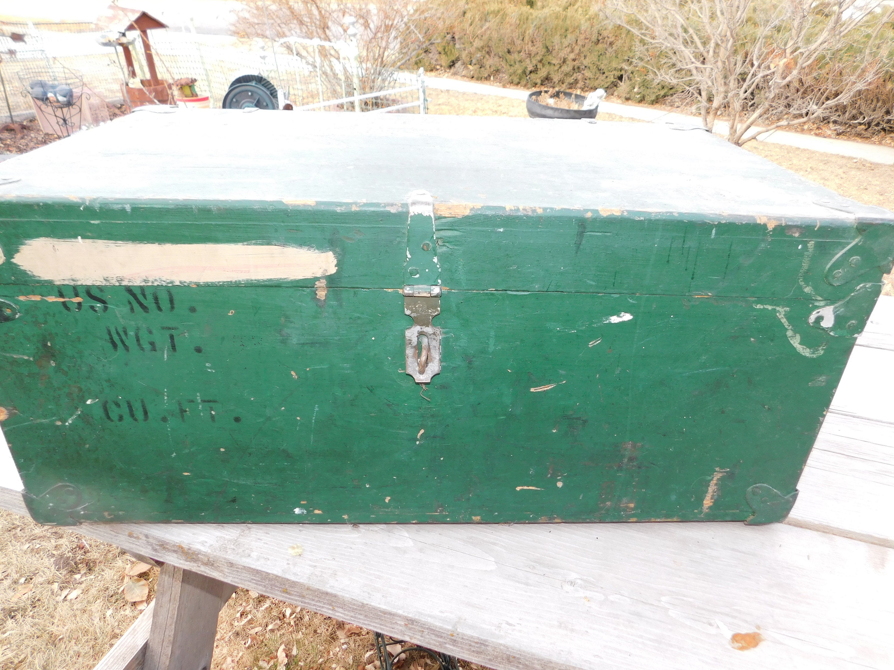 Vintage Military FOOT LOCKER Trunk chest flat top storage wood box wwii  black