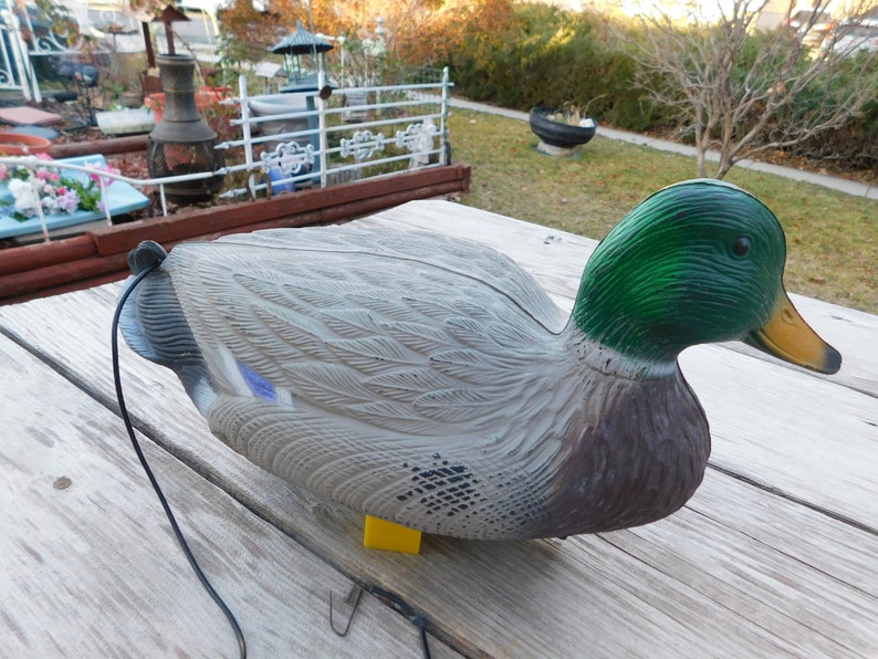 May include: A realistic-looking decoy duck with a green head and a gray body. The duck is made of plastic and has a string attached to it.