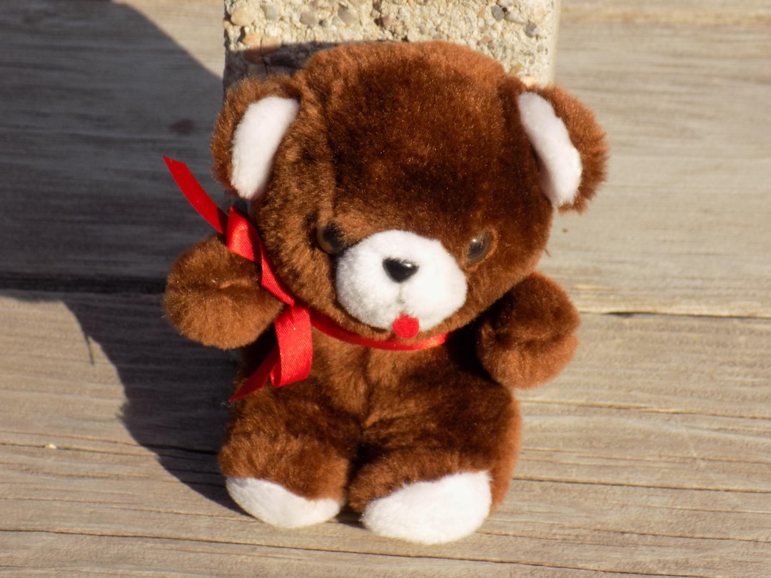 Brown Teddy Bear W Red Ribbon Bow, Small Teddy Bear, Vintage Plush
