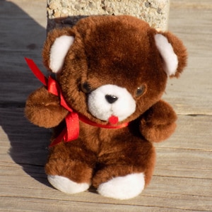 Brown Teddy Bear W Red Ribbon Bow, Small Teddy Bear, Vintage Plush, Vtg ...