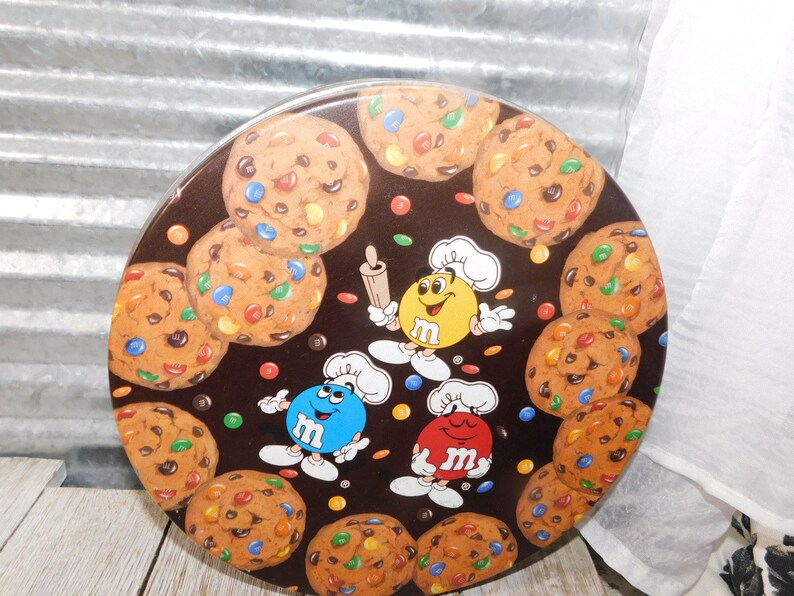 Vintage Large M&M Double Choclate Chip Tin Can, Vintage Tin Can, Cookie Tin Can, Storage, Vintage Home Decor , Gift, Prop shc**D