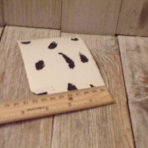 May include: An off-white card with black, irregular spots. A wooden ruler, marked in inches, is placed near the card. The items are on a light-coloured wooden surface. The ruler provides a size reference.