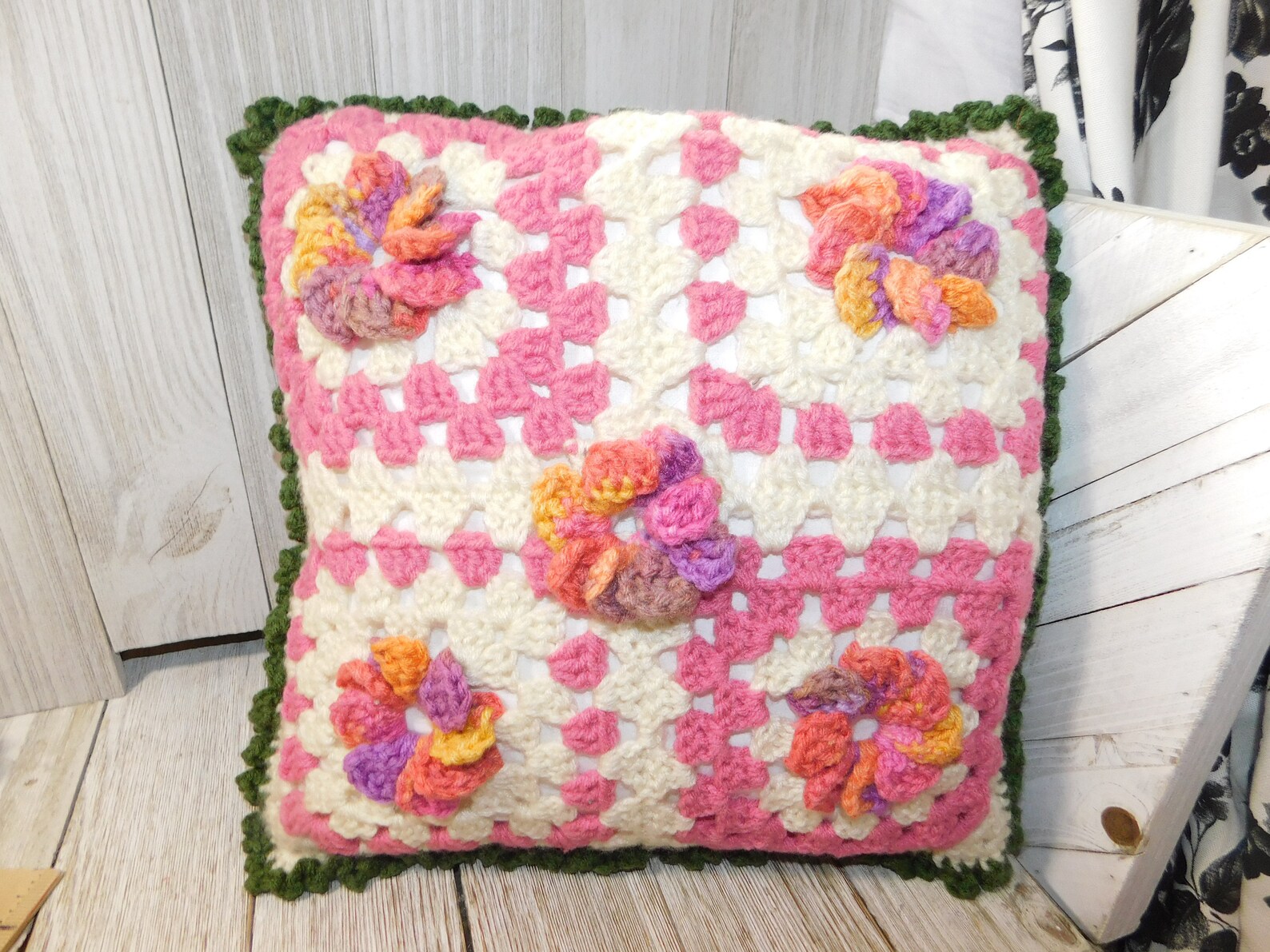 Vintage Crocheted Pillow With Flowers Vintage Decorative Etsy