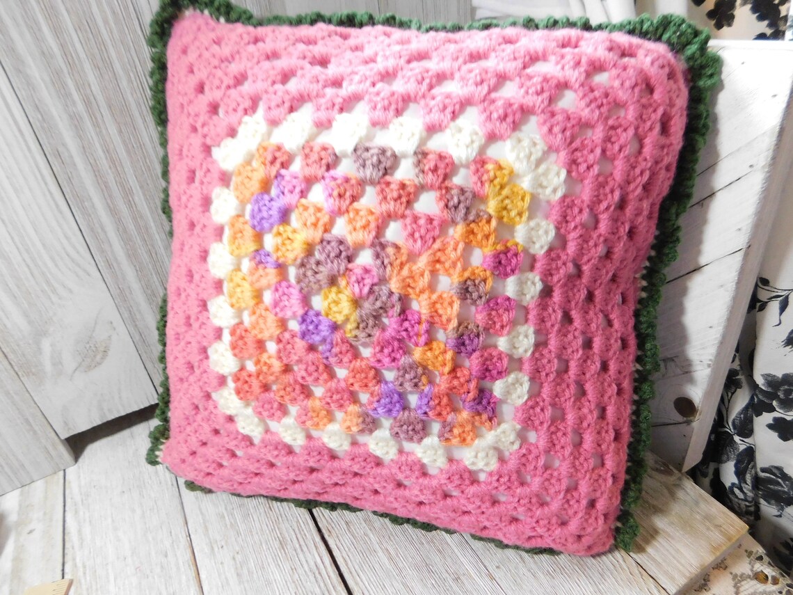 Vintage Crocheted Pillow With Flowers Vintage Decorative Etsy