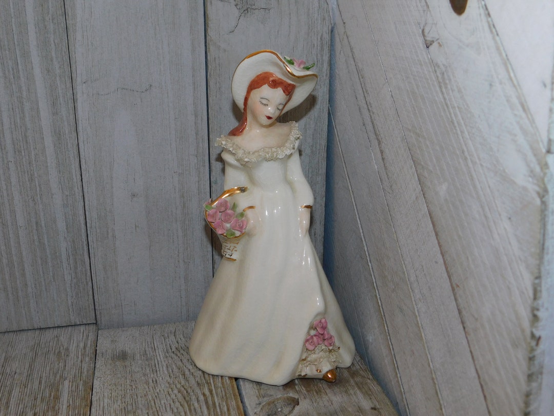 Vintage Girl Figurine, Girl in White Dress and Hat Figurine, Vintage