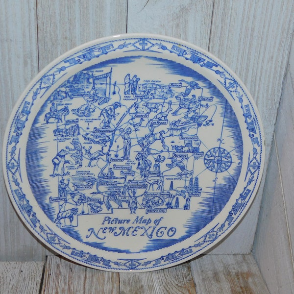 Picture Map New Mexico Souvenir Plate, Vintage Large Plate, Blue and white, Plate Wall Hanging, Collectable, Memories Daysgonebytreasures *y