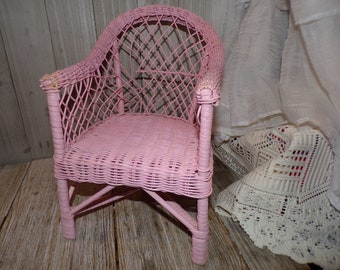 Wicker Pink Doll Chair, Vintage Wicker Doll Chair, Vintage Doll Furniture, Wicker Doll Furniture, Daysgonebytreasures