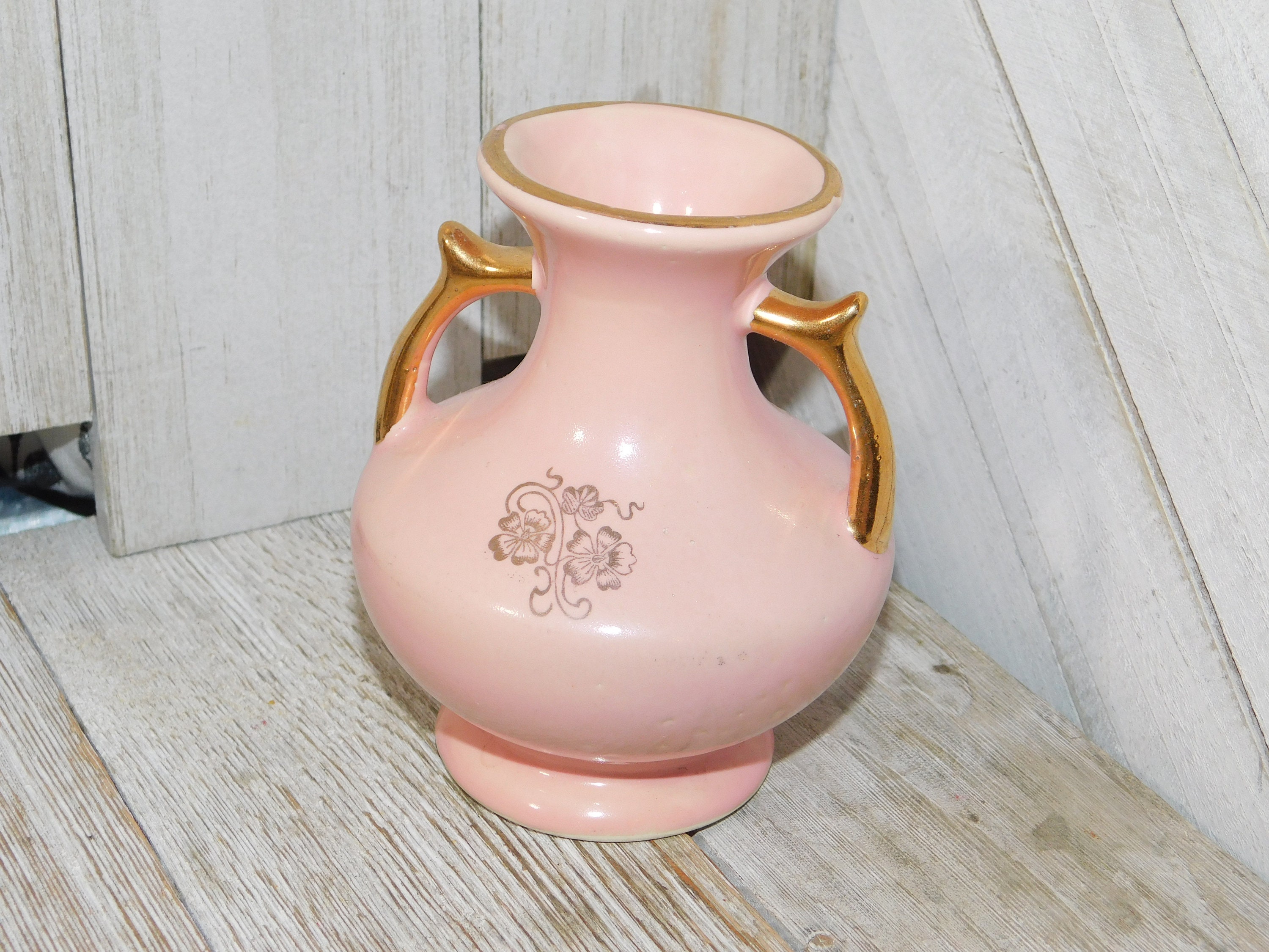 Vintage Small pink an Gold Vase Vase with handle Pottery Etsy
