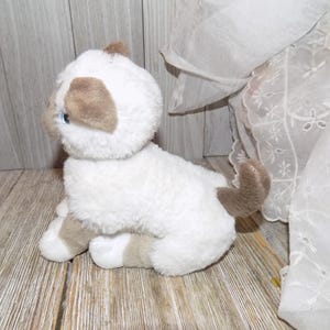 May include: A plush white and brown cat toy with blue eyes. The stuffed animal is sitting on a wooden surface. The cat has brown ears, paws, and tail. The toy is soft and fluffy.