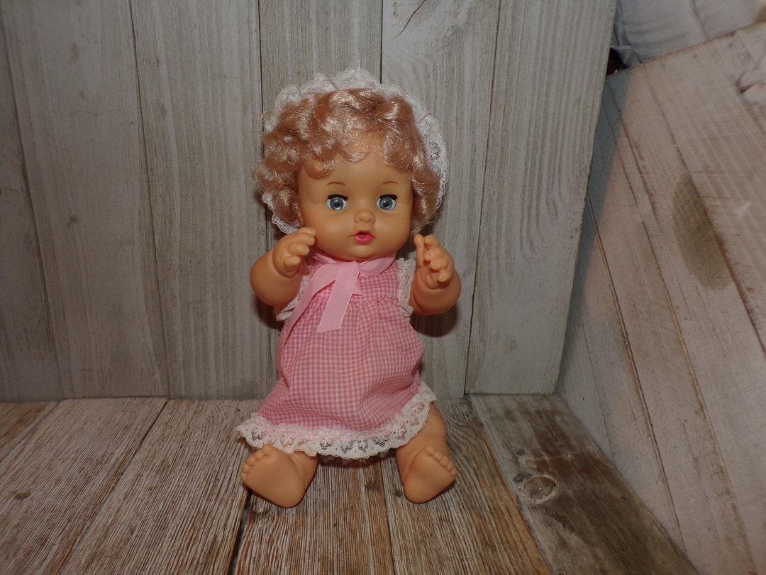Vtg Baby Girl Doll, Blonde Hair Doll, Curly Haired, Blue Eye Vintage ...