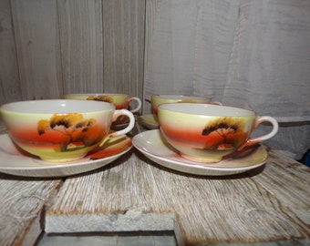 Vtg Lusterware Teacups and Saucer Set, Teacups, Cabin Teacups, Sunset Teacups, Vtg Dishes, Memories, Gift, Prop, Daysgonebytreasures *